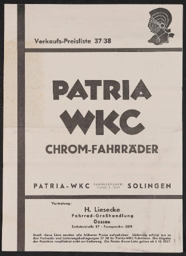 Patria WKC Chrom-Fahrräder Preisliste 1937