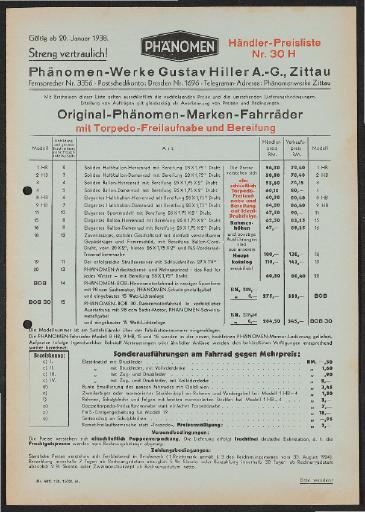 Phänomen  Preisliste 1938