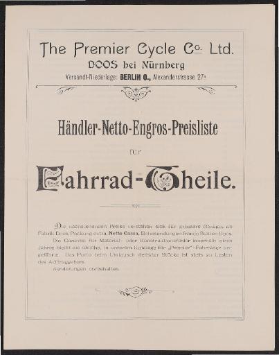 Premier Preisliste für Fahrradtheile 1890er Jahre