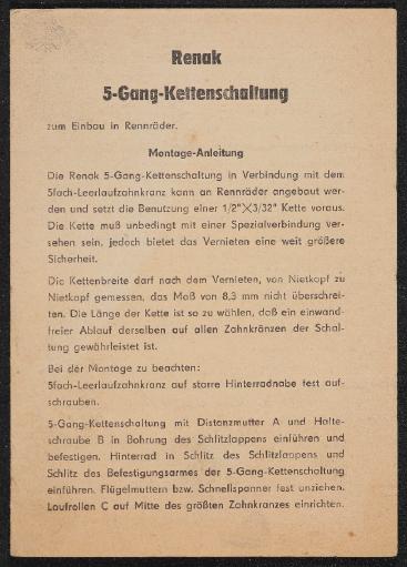 Renak 5-Gang-Kettenschaltung Montage-Anleitung 1960