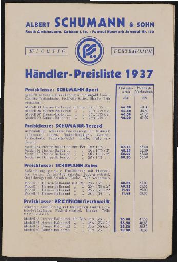 Schumann Preisliste 1937