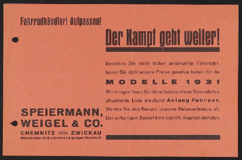 Speiermann, Weigel u. Co. Hersteller und Großhändler für Fahrräder Hinweisblatt für Fahrradhändler 1930