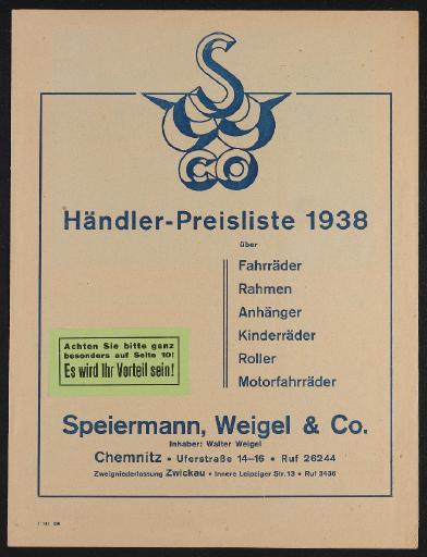 Speiermann, Weigel und Co. Chemnitz Händler Preisliste 1938