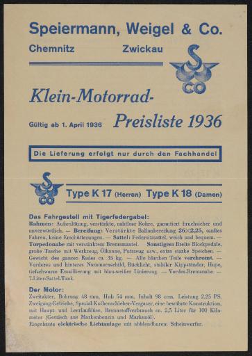 Speiermann, Weigel und Co. Chemnitz Klein-Motorrad K 17 K18 K21 Preisliste 1936