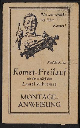 Komet Hebellose Freilauf-Nabe Modell K 24 Montageanweisung 1920er Jahre