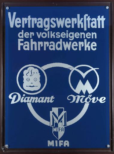 Vertragswerkstatt der volkseigenen Fahrradwerke Diamant Möve Mifa Glasschild 1960
