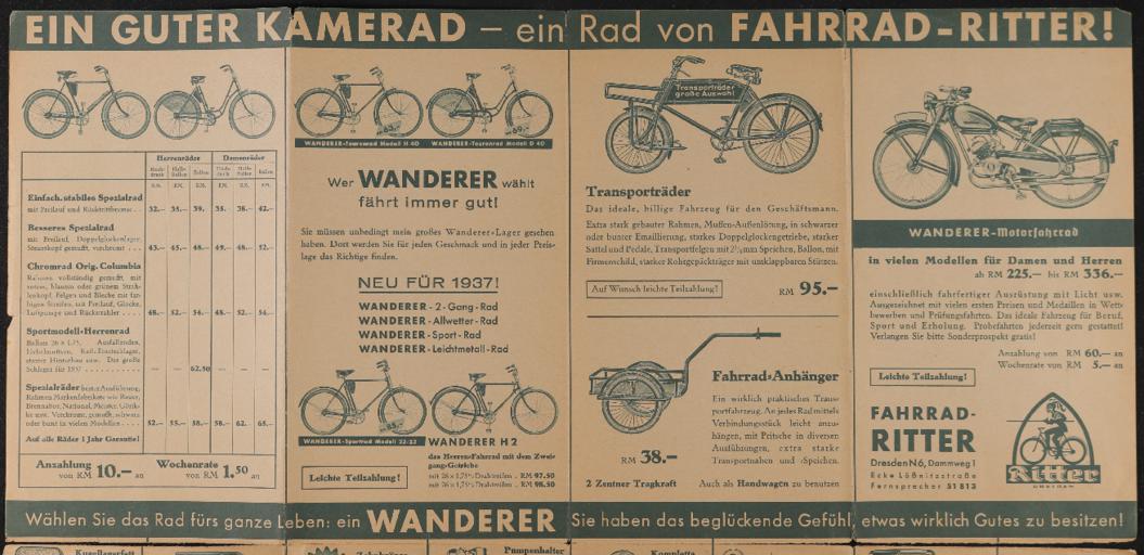 Wanderer Faltblatt Rad-Ritter Dresden 1930er Jahre