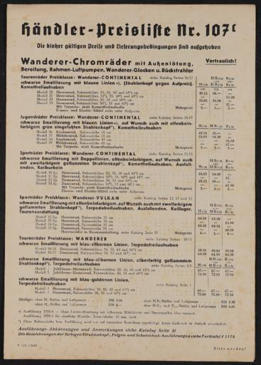 Wanderer Preislisten 1930er Jahre