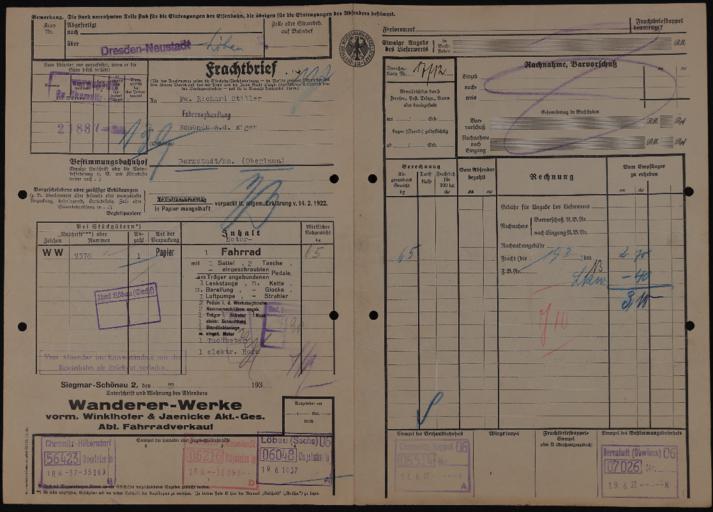 Wanderer-Werke Rechnungen 1930 - 1940er Jahre