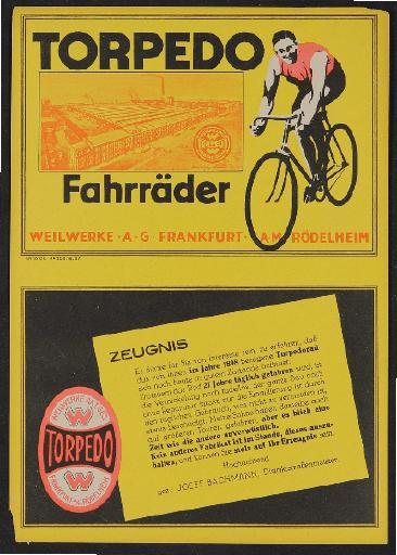 Torpedo Fahrräder Kundenzeugnis 1925