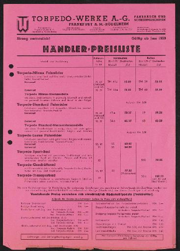 Torpedo Werke Preislisten 1939