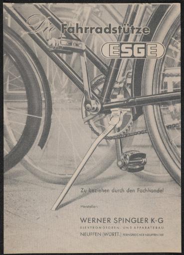 Werner Spingler Die Fahrradstütze ESGE Werbeblatt 50er Jahre