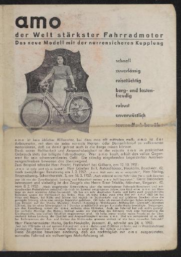 amo der Welt stärkster Fahrradmotor Faltblatt 50er Jahre